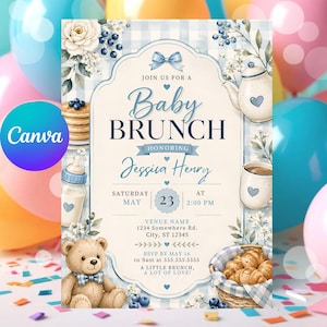 May include: A baby brunch invitation card featuring a blue gingham background, a teddy bear, a teapot, a stack of pancakes, and a baby bottle. The text reads: JOIN US FOR A Baby BRUNCH HONORING Jessica Henry SATURDAY MAY 23 AT 2:00 PM.