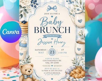 Einladung zur Babyparty mit Brunch für Jungen, blau-karierte Einladung, bearbeitbare Canva-Vorlage, sofort zum Ausdrucken, Brunch-Party für Jungen