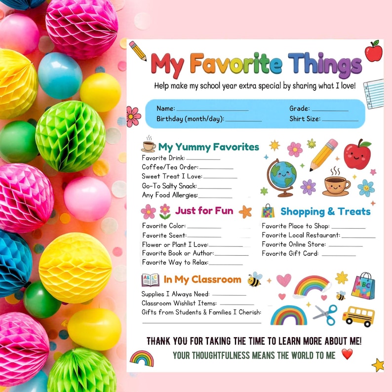 Teacher Favorite Things List: Appreciation Gift Questionnaire ...