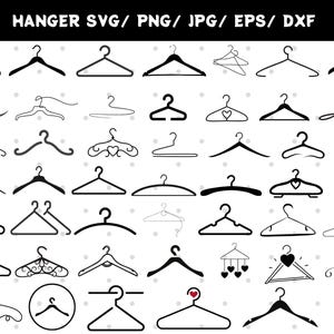 May include: A collection of 40 black and white hanger silhouette illustrations. The hangers are in various styles, including simple, ornate, and with hearts. The text "HANGER SVG/PNG/JPG/EPS/DXF" is at the top of the image.