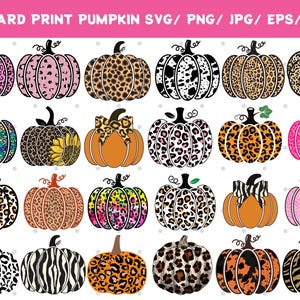 May include: Twenty-one pumpkin designs with leopard print patterns in various colours. The pumpkins feature pink, orange, black, and white. Each pumpkin has a black stem and a unique design, suitable for autumn-themed crafts and decorations.