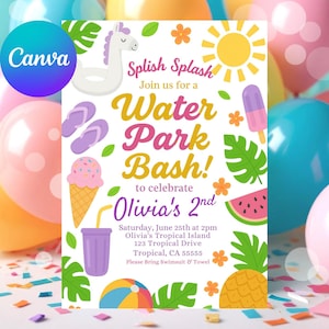 Bearbeitbare Wasserpark Geburtstagseinladung Tropische Wasserrutsche einladen Splish Splash Girls Pool Party einladen Sommer Splash Pad Party Canva