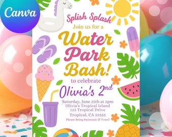 Op de afbeelding: Een kleurrijke uitnodiging voor een verjaardagsfeest in een waterpark met de tekst "Splish Splash! Water Park Bash!" met illustraties van een eenhoorn-drijver, ijs en een watermeloen-schijf.