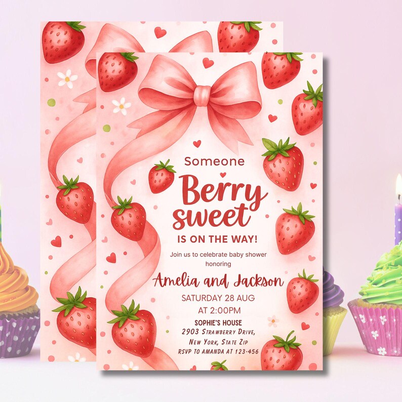Strawberry Baby Shower Invitation Girl, Berry Sweet Theme, Editable Coquette Pink Bow Invite, Digital Baby Shower Template Download