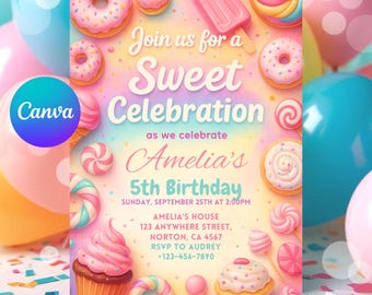 Invitación de cumpleaños temática de dulces / Plantilla editable para lienzo con temática de dulces, donas y cupcakes