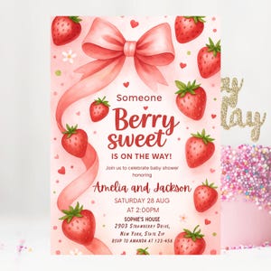Strawberry Baby Shower Invitation Girl, Berry Sweet Theme, Editable Coquette Pink Bow Invite, Digital Baby Shower Template Download