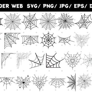 May include: A set of 30 black and white spider web illustrations. The webs are in various shapes and sizes, including full webs, corners, and half webs. Some webs have spiders or hearts in the center.
