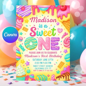 Sweet One First Birthday Invitation | Pastel Dessert Theme Invite for Girl | Donut Candy Ice Cream Cupcake 5x7 Template