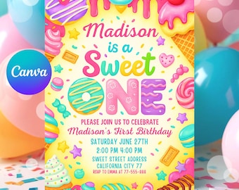 Invitación para el primer cumpleaños de un dulce: temática de postre pastel, plantilla de 5x7