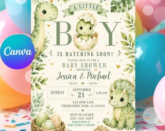 Babypartyeinladung, Dinosaurier-Junge einladen, Baby-Dino-Ei, bearbeitbare Canva-Vorlage, Paare Dusche Mobile Evite
