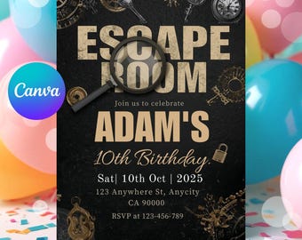 Invitación de cumpleaños para Escape Room: Fiesta misteriosa para adolescentes/preadolescentes (Invitación digital)