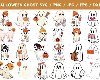 May include: A set of 20 digital illustrations of cute ghosts in various poses and activities for Halloween. The ghosts are white with black eyes and mouths, and they are holding pumpkins, candy, books, and other Halloween-themed items.