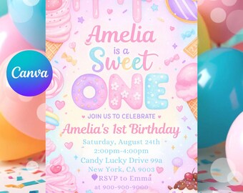 May include: A pastel-colored birthday invitation with the text "Amelia is a Sweet ONE." The design includes illustrations of ice cream cones, donuts, and cupcakes. The invitation details Amelia's 1st birthday, including the date, time, and location.