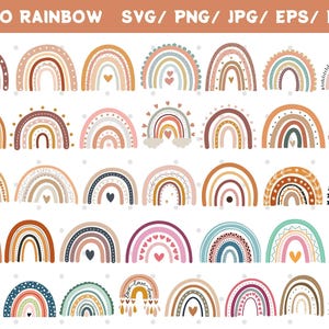 Paquete SVG de arcoíris, SVG de arcoíris boho, clipart de arcoíris, SVG de arcoíris pastel, archivos SVG para Cricut, descarga digital de Silhouette