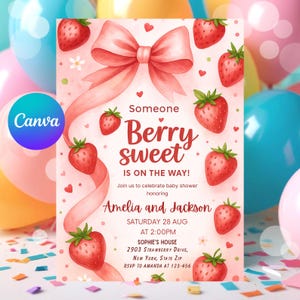 Strawberry Baby Shower Invitation Girl, Berry Sweet Theme, Editable Coquette Pink Bow Invite, Digital Baby Shower Template Download