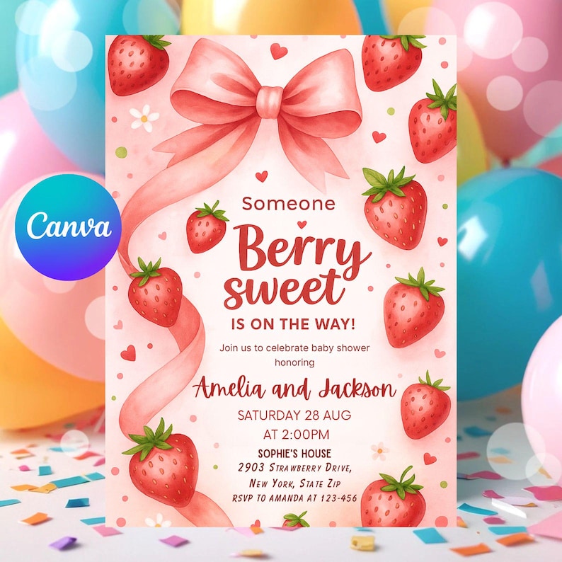 Strawberry Baby Shower Invitation Girl, Berry Sweet Theme, Editable Coquette Pink Bow Invite, Digital Baby Shower Template Download