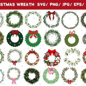 May include: A set of 24 Christmas wreath SVG cut files. The wreaths are decorated with various Christmas elements, including holly, berries, bows, bells, and ornaments. The wreaths are in different colors, including green, red, and white.