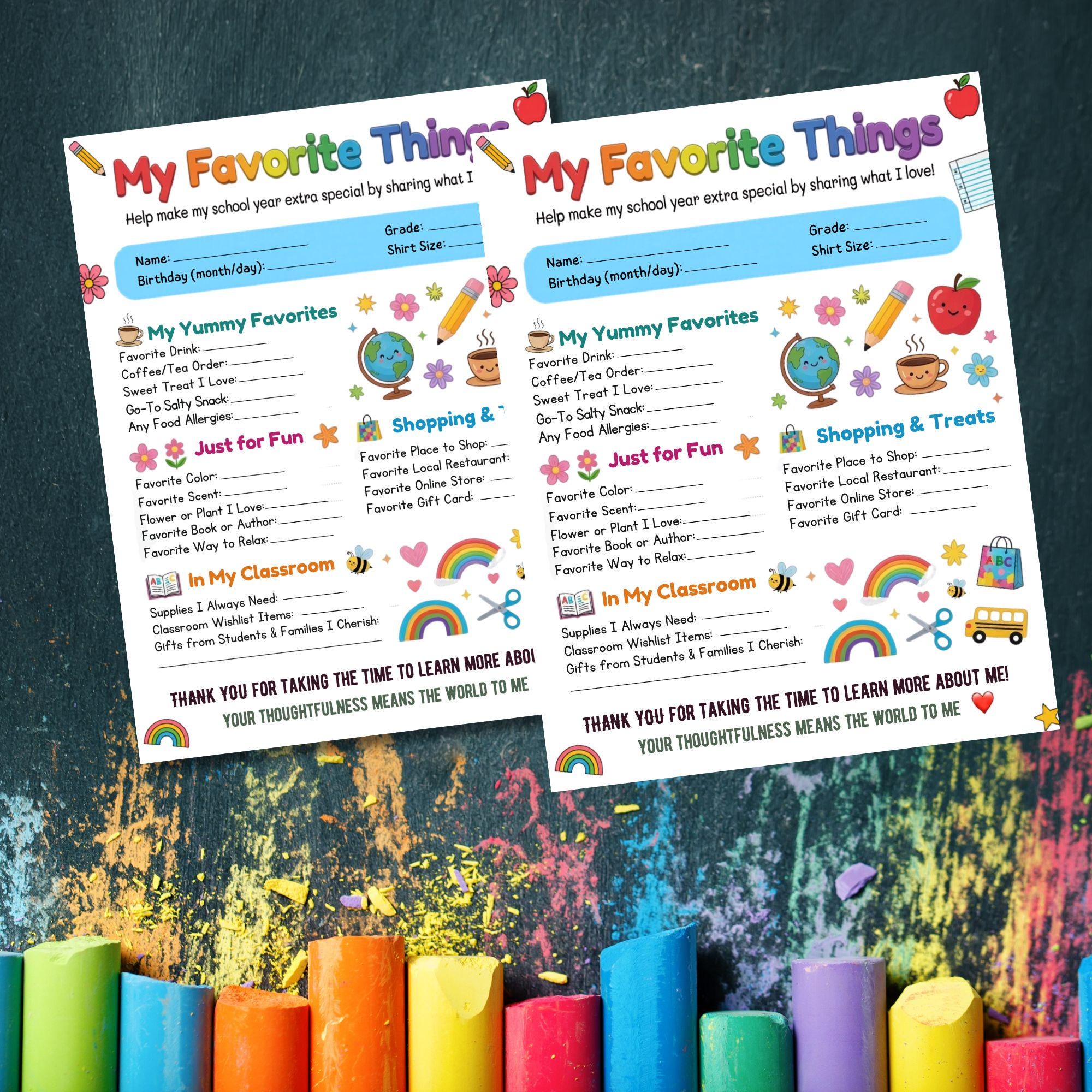 Teacher Favorite Things List: Appreciation Gift Questionnaire ...
