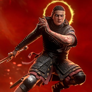 May include: A detailed figurine of a warrior in dark chainmail and plate armor, featuring glowing white eyes, red arm markings, and a golden halo. The figure holds a sword, stands on a rocky base, and displays the H3LL CREATOR logo in the corner.