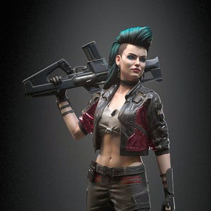 Pode incluir: Uma estatueta detalhada de um personagem com moicano turquesa, vestindo uma jaqueta curta preta e vermelha, cal&ccedil;as escuras e botas com tachas. O personagem segura um rifle sobre o ombro e uma pistola na m&atilde;o, sobre uma base circular com o texto AFTERLIFE.