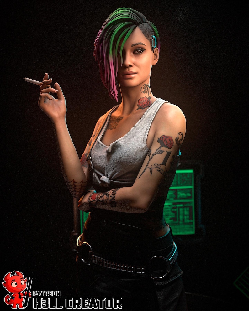 May include: A woman with vibrant green, pink, and purple hair, wearing a gray tank top and black pants. She has multiple tattoos, including roses and the number 1. She is holding a cigarette. The image has a dark background.