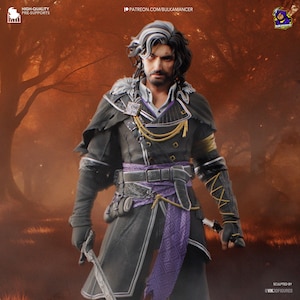 Może przedstawiać: Szczegółowa figurka postaci w ciemnym stroju z fioletowymi akcentami, trzymającej miecz. Postać ma czarne włosy z białymi pasemkami i jest osadzona na rozmytym tle lasu. Tekst zawiera "HIGH-QUALITY PRE-SUPPORTS" i "PATREON.COM/BULKAMANCER".