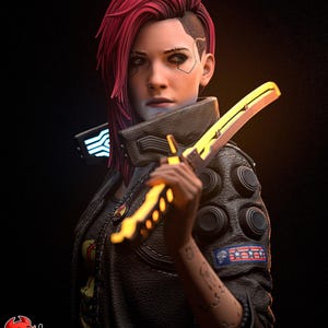 May include: A digital art portrait of a person with vibrant red hair and a shaved side, holding a glowing yellow knife. The person wears a black leather jacket with a patch featuring stars and stripes. The image has a dark background.