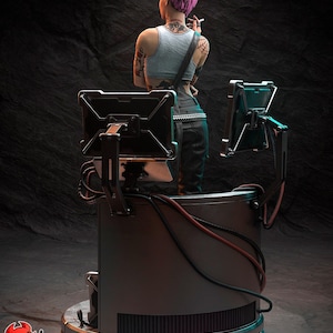 May include: A futuristic sculpture of a person with purple and green hair, tattoos, and a cigarette. The figure stands near a cylindrical base with two attached screens. The base has a glowing neon light at the bottom. The text "PATREON H3LL CREATOR" is visible.