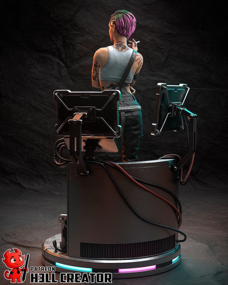 May include: A futuristic sculpture of a person with purple and green hair, tattoos, and a cigarette. The figure stands near a cylindrical base with two attached screens. The base has a glowing neon light at the bottom. The text "PATREON H3LL CREATOR" is visible.