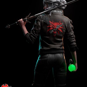 May include: A figure with white hair, wearing a black leather jacket with a red wolf emblem on the back, and black pants, holds a sword over their shoulder. A glowing green orb is held in their hand. The word "SAMURAI" is visible on the jacket.