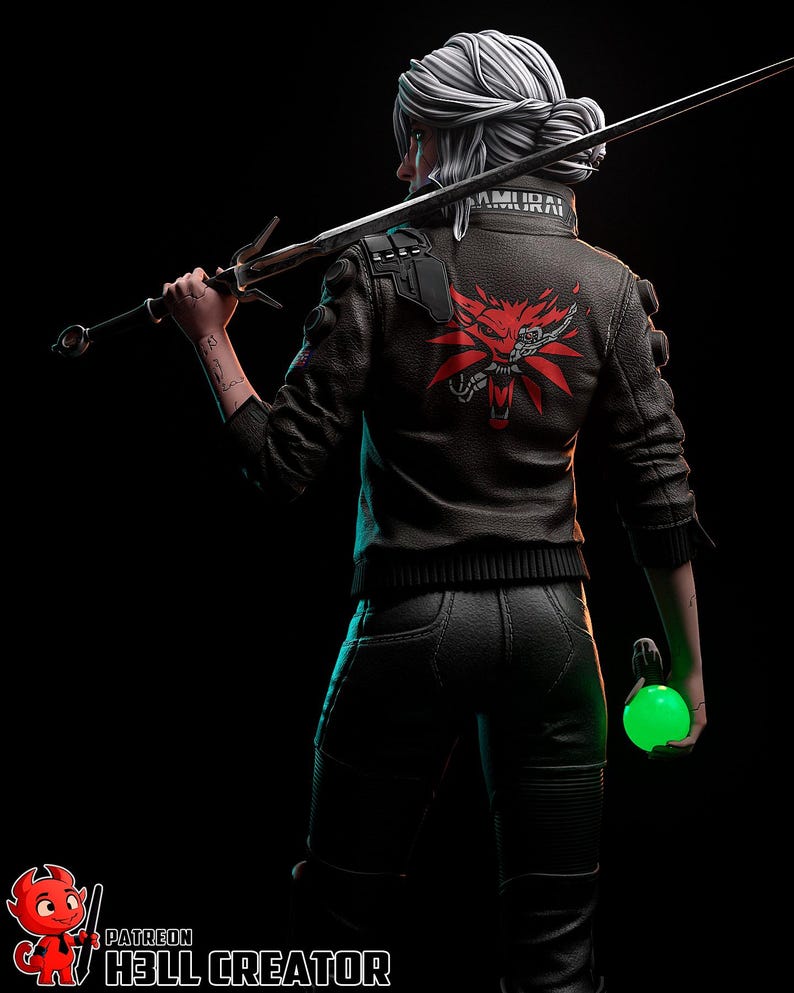 May include: A figure with white hair, wearing a black leather jacket with a red wolf emblem on the back, and black pants, holds a sword over their shoulder. A glowing green orb is held in their hand. The word "SAMURAI" is visible on the jacket.