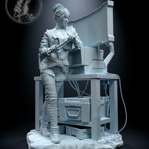 May include: A light gray figurine of a woman in a futuristic outfit, leaning against a console. The figure is holding a tool, with a detailed design. The image includes a logo in the upper left corner and the text "h3llcreator" at the bottom.