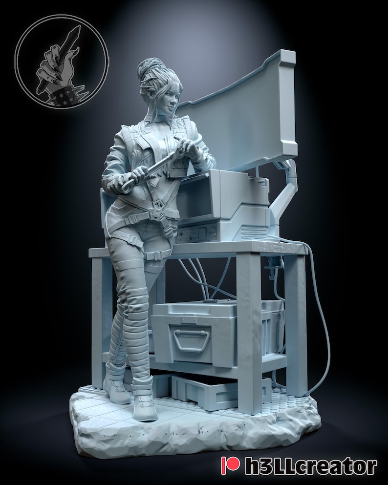 May include: A light gray figurine of a woman in a futuristic outfit, leaning against a console. The figure is holding a tool, with a detailed design. The image includes a logo in the upper left corner and the text "h3llcreator" at the bottom.