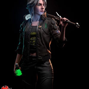 May include: A digital art figure of a woman with white hair, wearing a black leather jacket, dark pants, and holding a sword over her shoulder. She also holds a glowing green vial. The background is black.