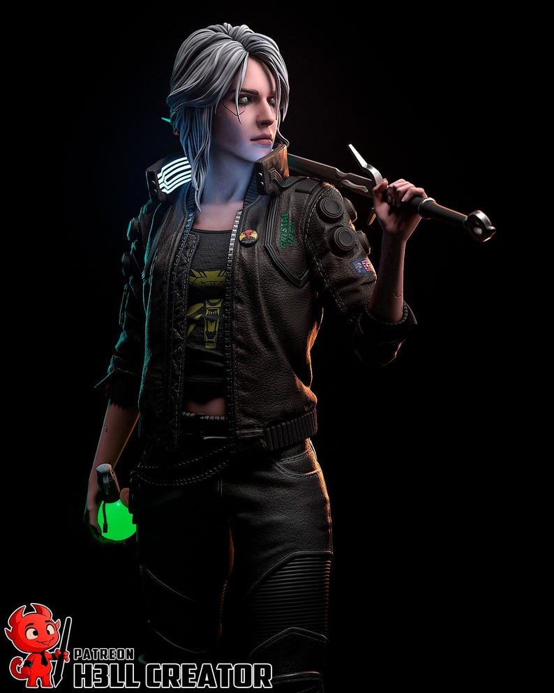 May include: A digital art figure of a woman with white hair, wearing a black leather jacket, dark pants, and holding a sword over her shoulder. She also holds a glowing green vial. The background is black.