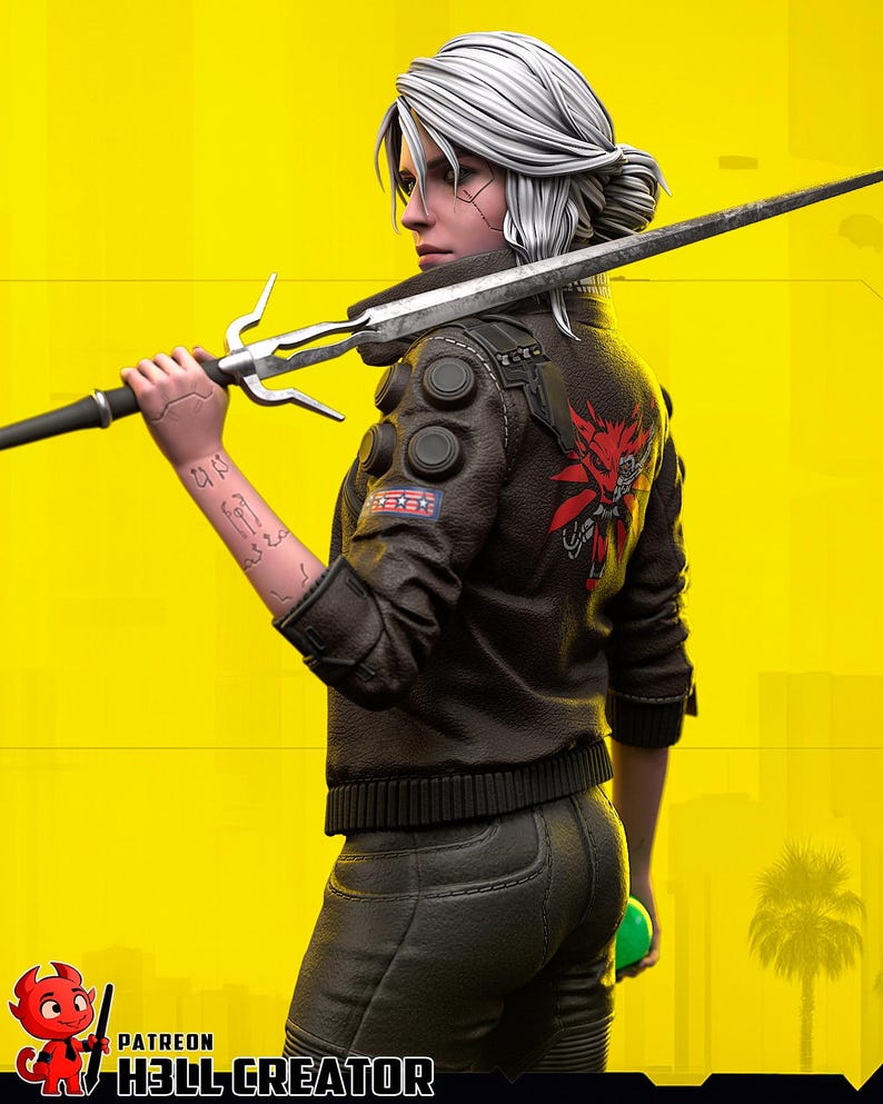 May include: A figure with white hair and a sword, wearing a brown jacket with a red wolf emblem. The figure is holding a sword and has a tattoo on their arm. The background is yellow. The image includes the text "PATREON H3LL CREATOR".