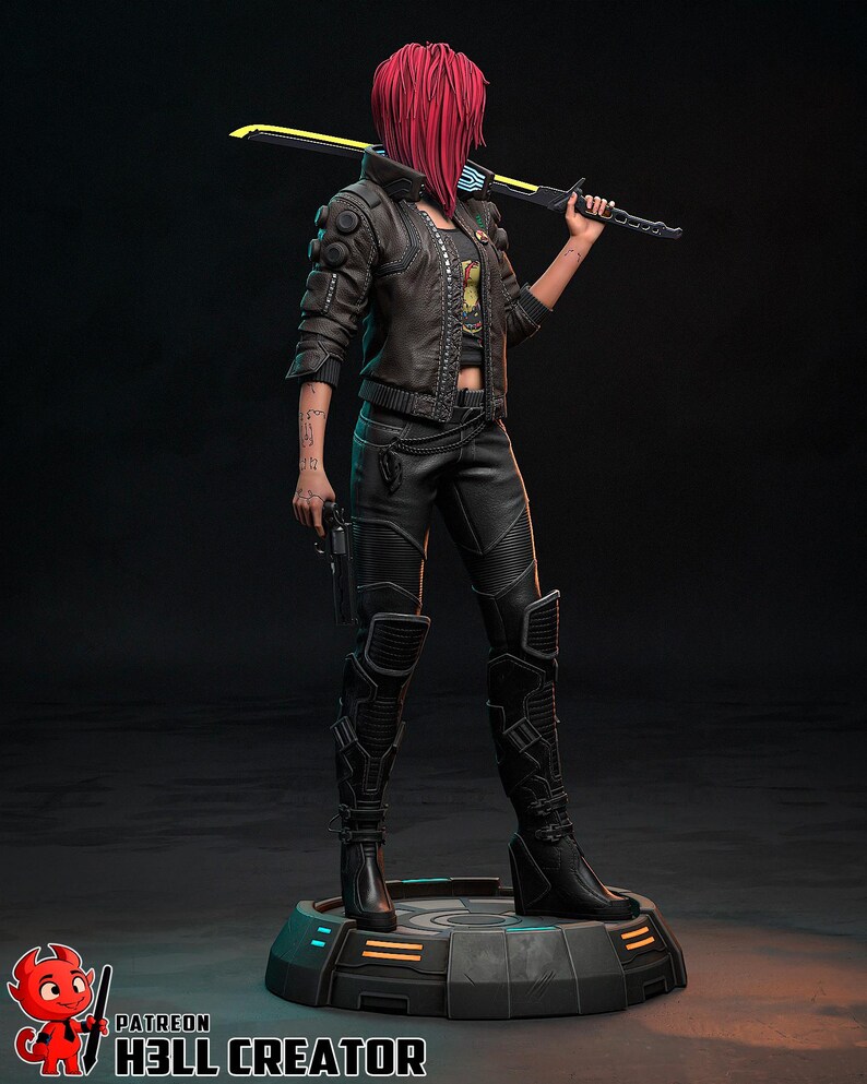 May include: A detailed figurine of a character in a futuristic outfit, holding a glowing yellow and black sword. The figure has red hair and is wearing a black jacket, pants, and boots. The base of the figure has the text "PATREON HELL CREATOR".
