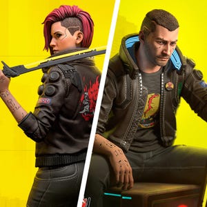May include: Two figures from the Cyberpunk 2077 video game. The figure on the left has pink hair and a black jacket with a red flame design. The figure on the right has short brown hair and a black jacket. Both figures have tattoos and are set against a yellow background.