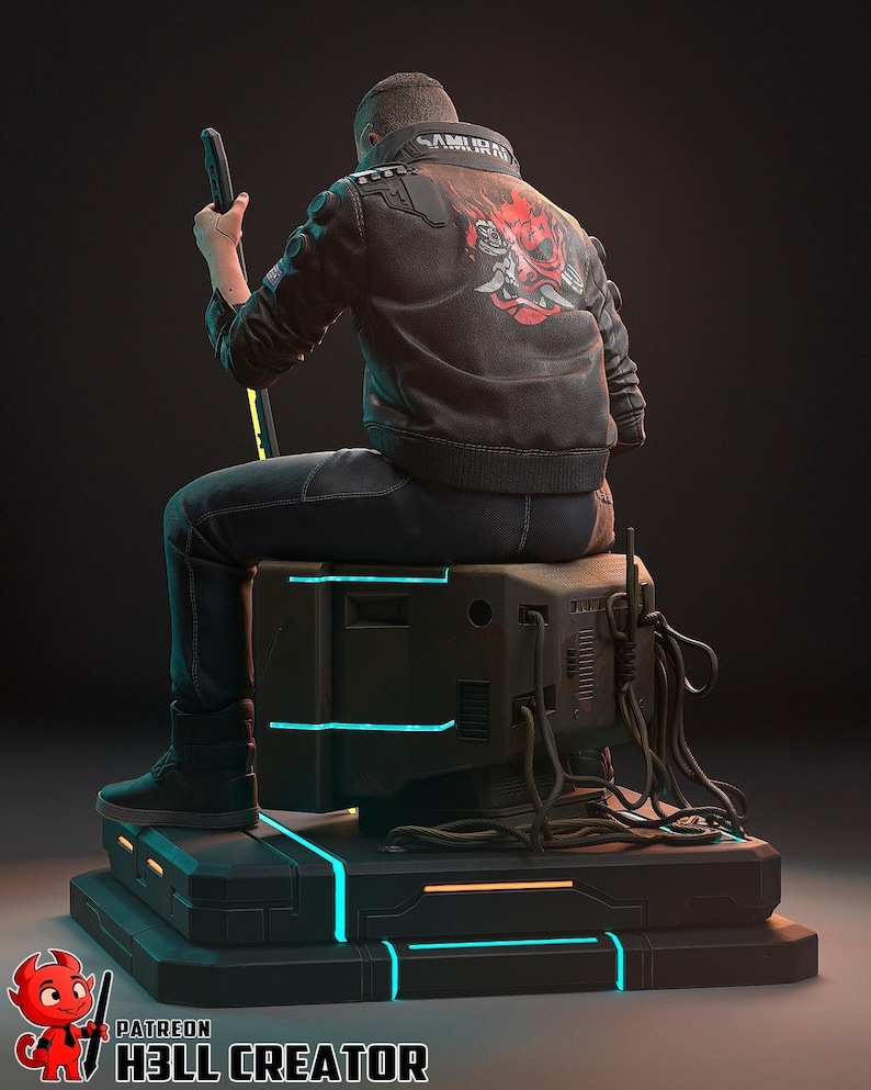 May include: A detailed sculpture of a figure seated on a futuristic platform. The figure wears a black jacket with a red and white design on the back. The platform has neon blue and orange accents. The figure holds a black sword.