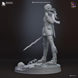 May include: A gray resin 3D printed figurine of a standing warrior with long flowing hair, wearing a tunic, belt, and tall boots. The figure holds a wavy sword and stands on a circular base featuring a fallen figure and wood grain texture.