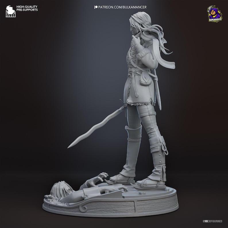 May include: A gray resin 3D printed figurine of a standing warrior with long flowing hair, wearing a tunic, belt, and tall boots. The figure holds a wavy sword and stands on a circular base featuring a fallen figure and wood grain texture.
