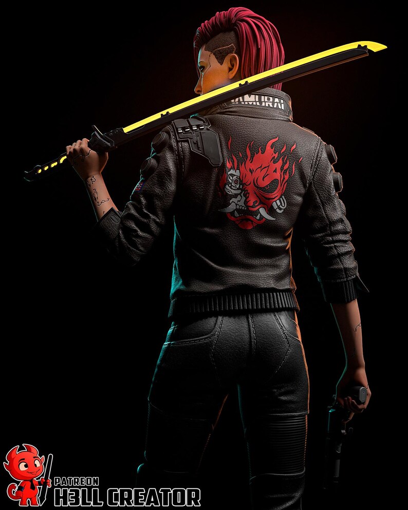 May include: A figure in a black leather jacket with a red and white graphic on the back, holding a yellow and black sword. The jacket has the word "SAMURAI" on the collar. The figure has red hair and black pants. The image is set against a black background.