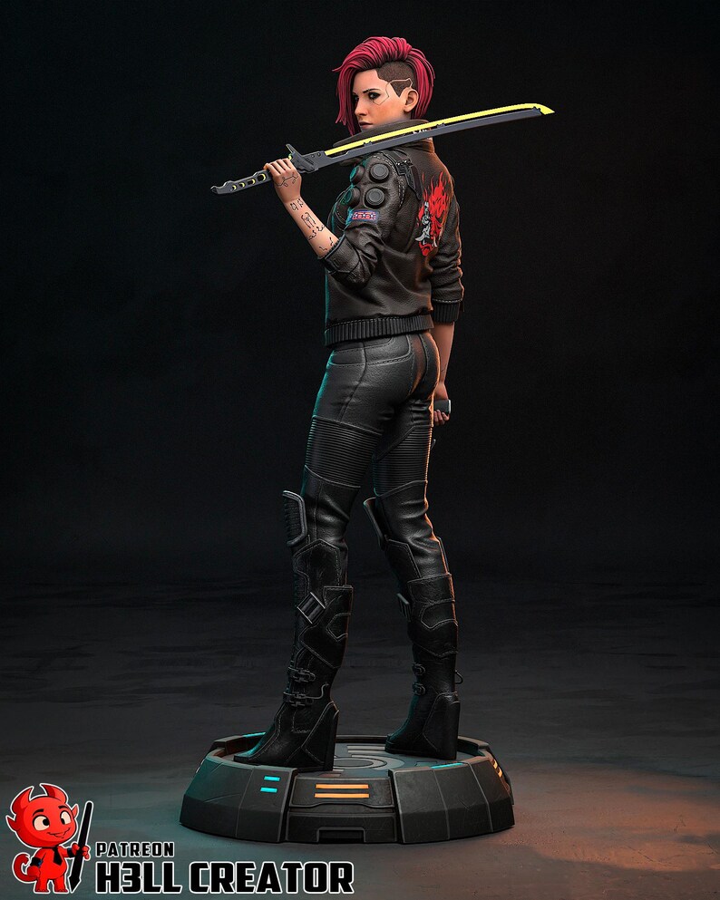 May include: A figurine of a character with pink hair, wearing a black jacket with a red design, black pants, and boots, holding a yellow-and-black sword. The figure stands on a circular platform. The image has the text "PATREON" and "H3LL CREATOR".