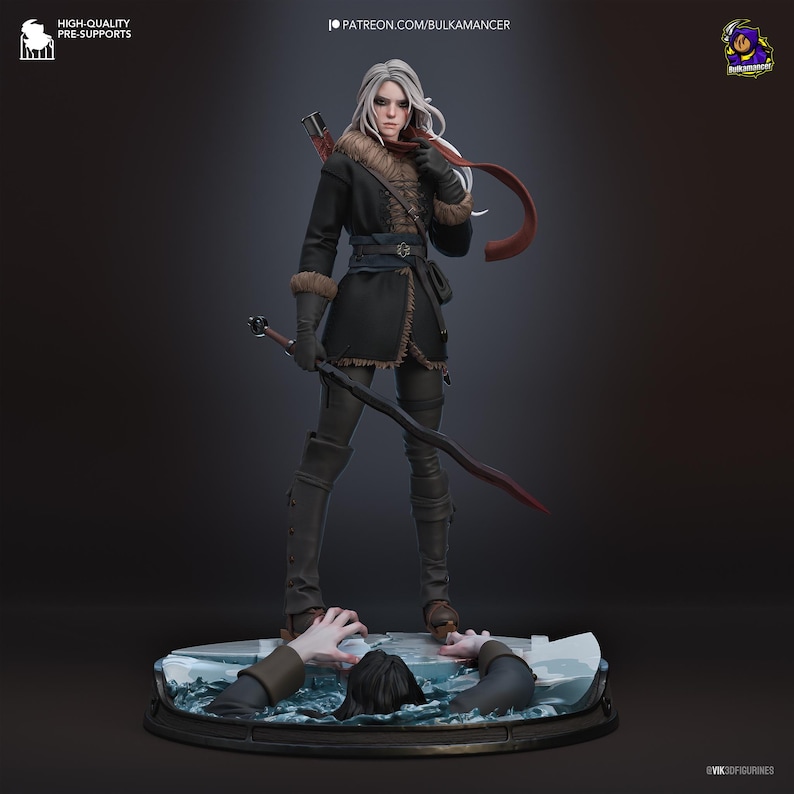 May include: A detailed figurine of a white-haired character wearing a black coat with fur trim, dark gloves, and a red scarf. The character holds a long sword and stands on a circular base featuring a figure emerging from icy blue water.