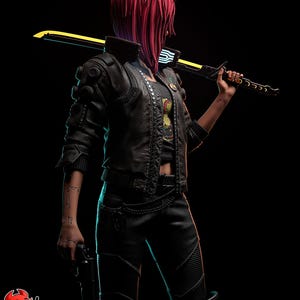 May include: A figure with red hair, wearing a black leather jacket, black pants, and holding a glowing yellow and black sword. The figure is also holding a gun. The image has the text "PATREON HELL CREATOR" at the bottom.