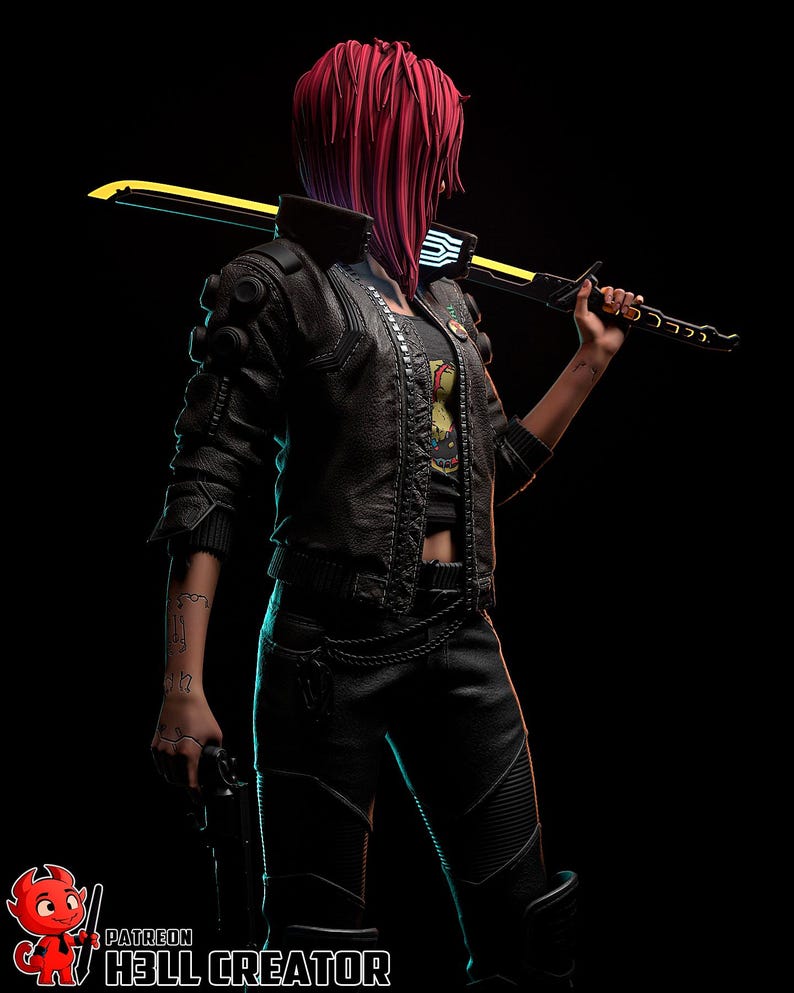 May include: A figure with red hair, wearing a black leather jacket, black pants, and holding a glowing yellow and black sword. The figure is also holding a gun. The image has the text "PATREON HELL CREATOR" at the bottom.