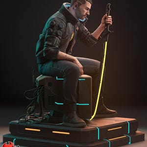 May include: A futuristic figure sits on a platform, holding a glowing sword. The figure wears a black jacket and jeans, with neon blue and yellow accents. The platform and chair have similar neon lighting. The image includes the text "PATREON" and "H3LL CREATOR".