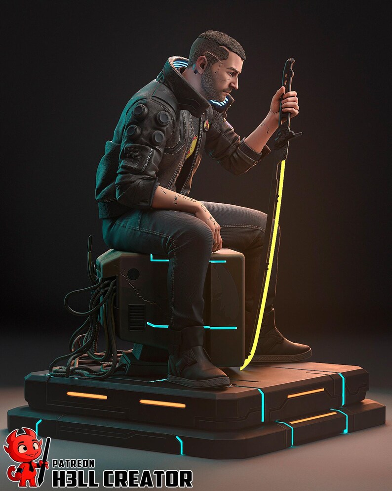 May include: A futuristic figure sits on a platform, holding a glowing sword. The figure wears a black jacket and jeans, with neon blue and yellow accents. The platform and chair have similar neon lighting. The image includes the text "PATREON" and "H3LL CREATOR".