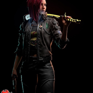 May include: A digital art rendering of a character with red hair, wearing a black leather jacket and pants, holding a glowing yellow sword. The character is set against a dark background, with a pistol in their other hand.