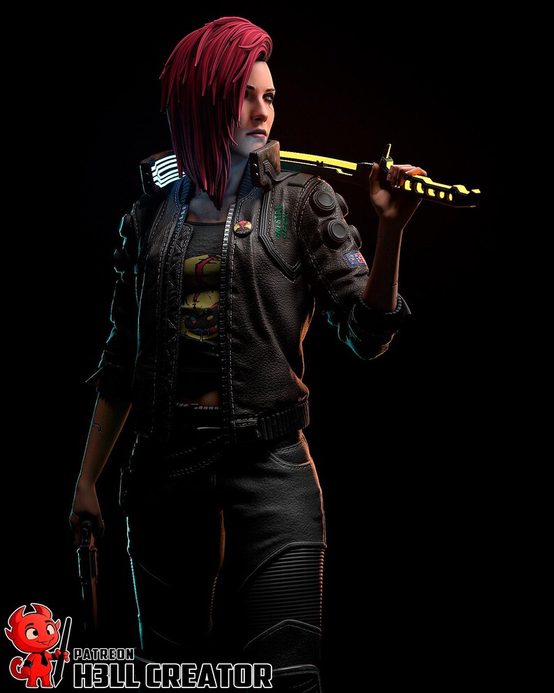 May include: A digital art rendering of a character with red hair, wearing a black leather jacket and pants, holding a glowing yellow sword. The character is set against a dark background, with a pistol in their other hand.